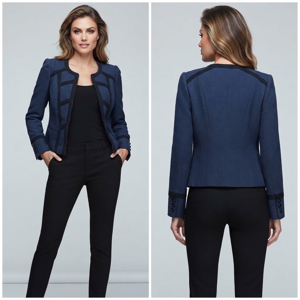 White House Black Market Navy Blue Tweed Military Ribbon Trim Jacket Blazer Sz 0
